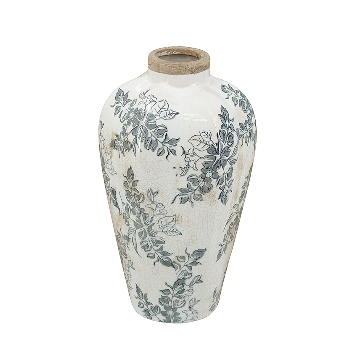 White Ceramic Accent Vase with Gray Floral Design - 11.6" Height
