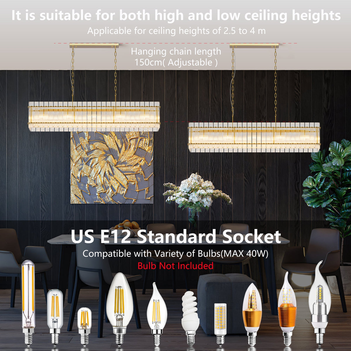 Modern Rectangular Crystal Glass 10-Light Chandelier with Adjustable Height - Gold