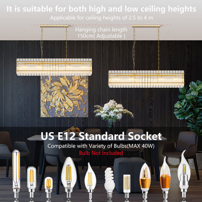 Modern Rectangular Crystal Glass 10-Light Chandelier with Adjustable Height - Gold