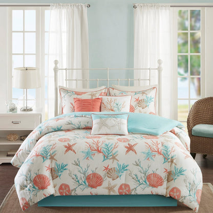 Cotton Sateen Comforter Set with Coastal Motifs - Coral