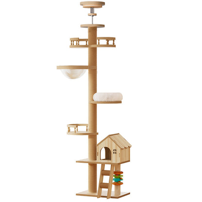 Floor to Ceiling Cat Tree with Wood Condo Cave Bed and Hammock - Adjustable Height