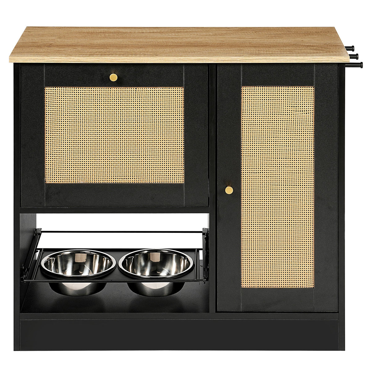 Feeding Station with 2 Lockers and Elevated Bowls - Black