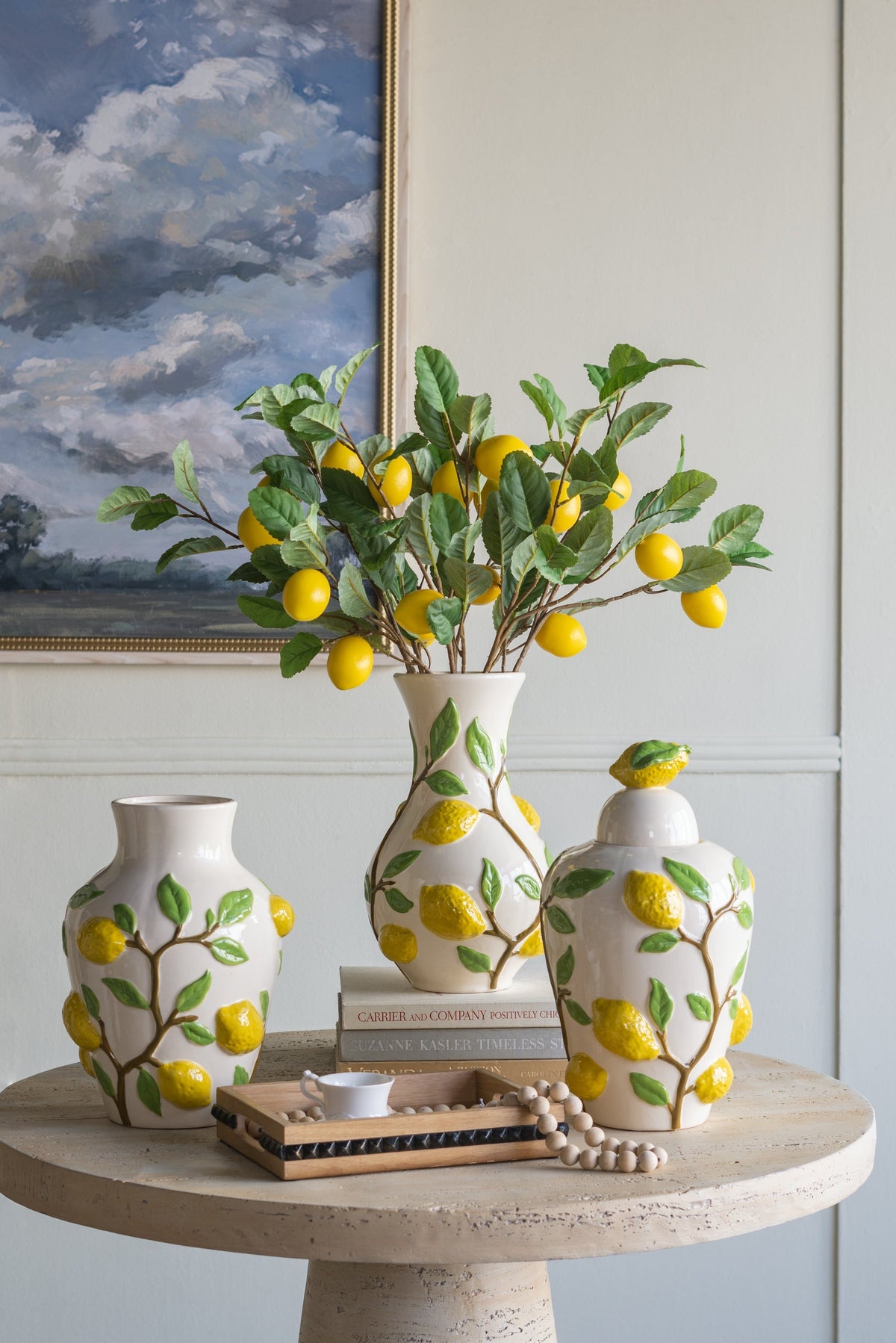 White Ceramic Lidded Jar with Playful Lemon Design - 15" Tall