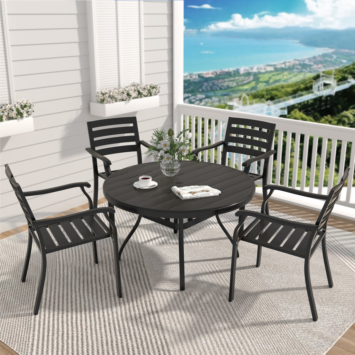 5-Piece Outdoor Patio Dining Set with Stackable Metal Chairs – Black