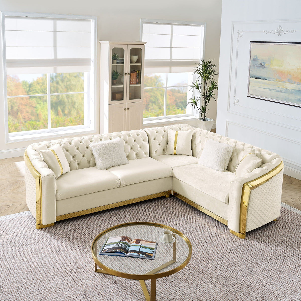 L Shaped Chesterfield Sectional Sofa with Stainless Steel Accents - Pink, Black, Beige