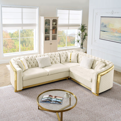 L Shaped Chesterfield Sectional Sofa with Stainless Steel Accents - Pink, Black, Beige