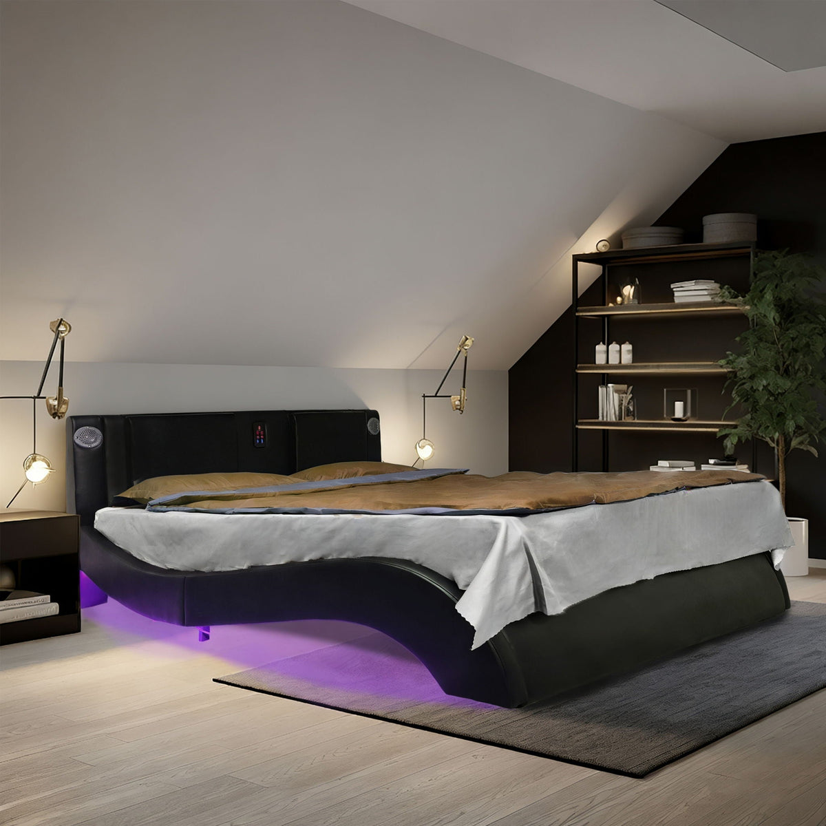 Platform Bed Frame with LED Lighting, Bluetooth & Massage - Faux Leather