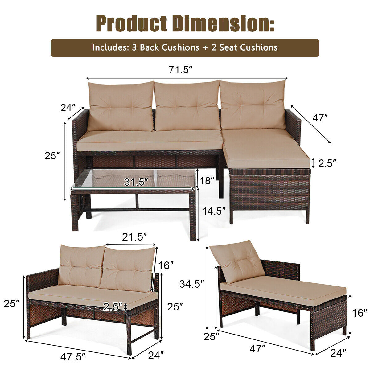 3 Pieces Patio Wicker Rattan Sofa Set
