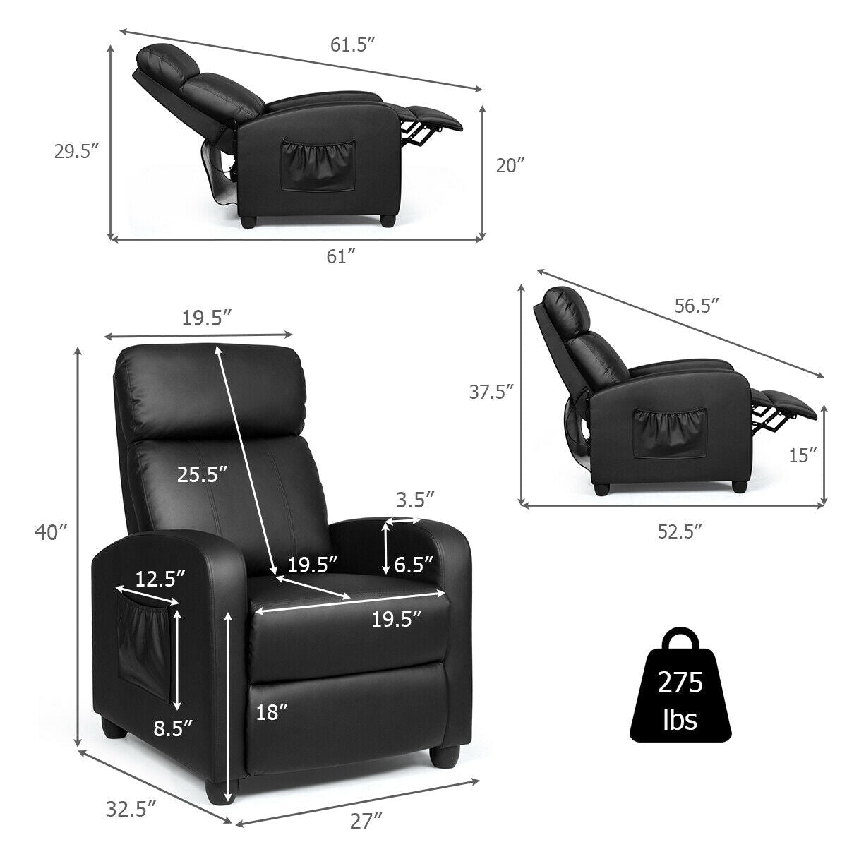 Recliner Sofa Wingback Chair with Massage Function