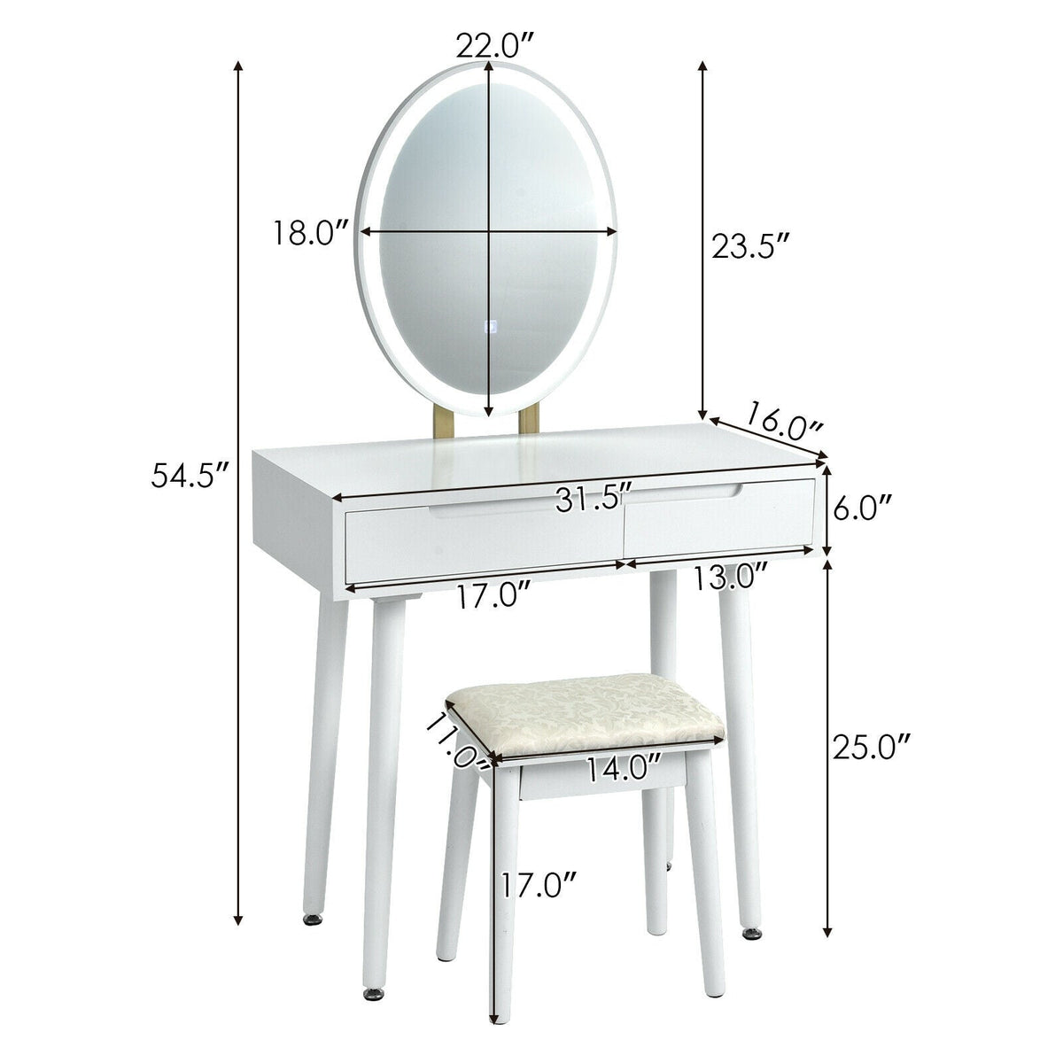 Touch Screen Vanity Makeup Table Stool Set with Lighted Mirror