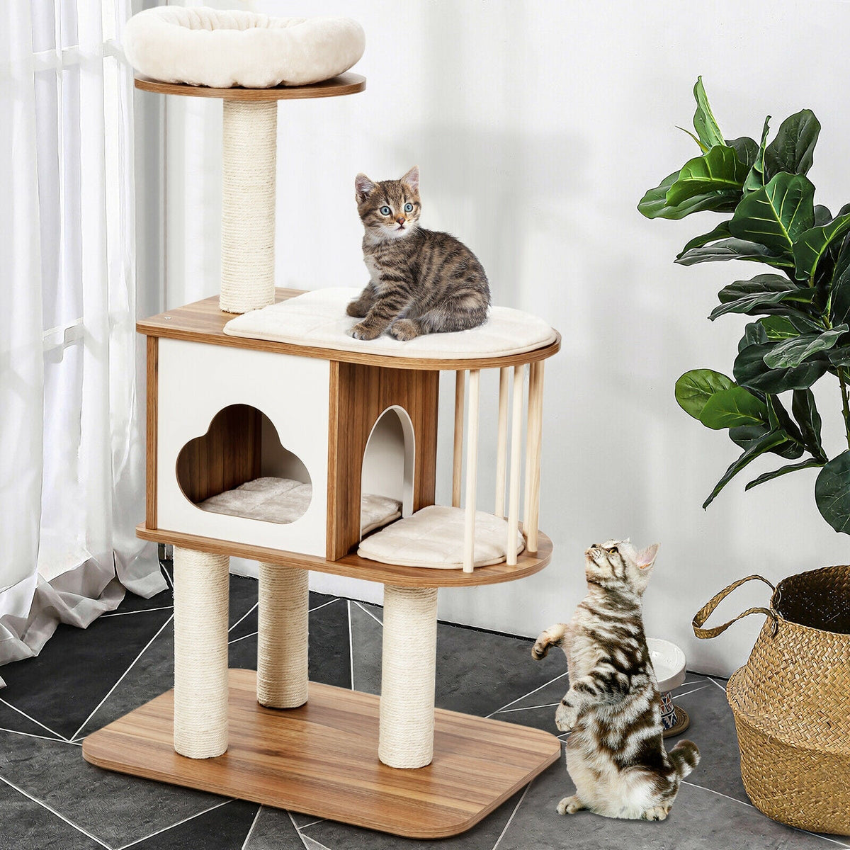 46 Inch Wooden Cat Activity Tree with Platform and Cushions