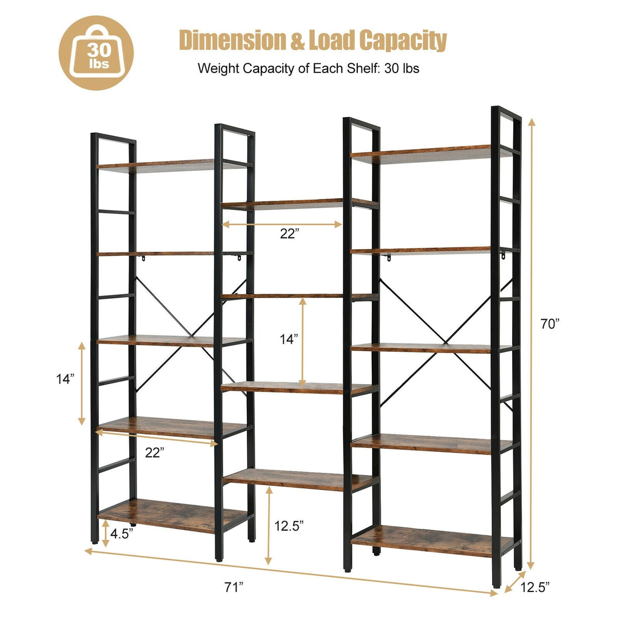 Vintage Triple Wide 5-Tier Bookcase Large Bookshelf Display Storage Shelf