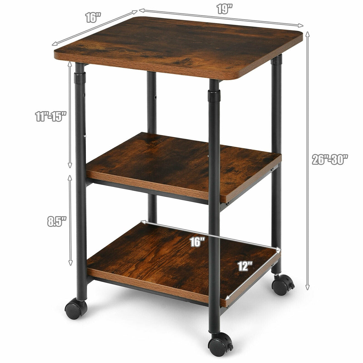 3-tier Adjustable Printer Stand with 360° Swivel Casters