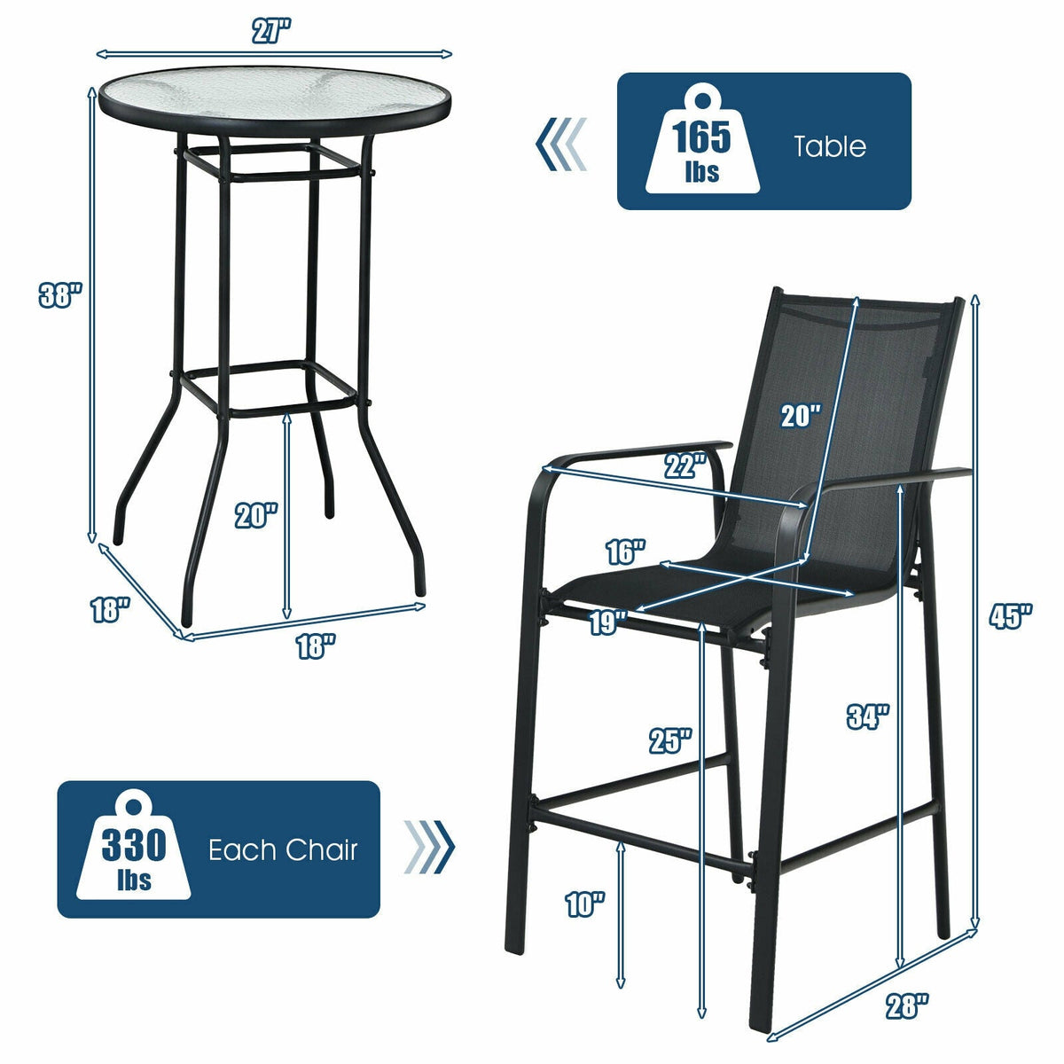 3 Pieces Outdoor Patio Bar Table Stool Set