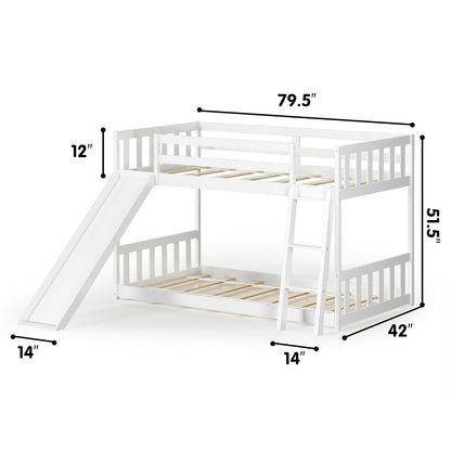 Twin over Twin Bunk Wooden Low Bed with Slide Ladder for Kids