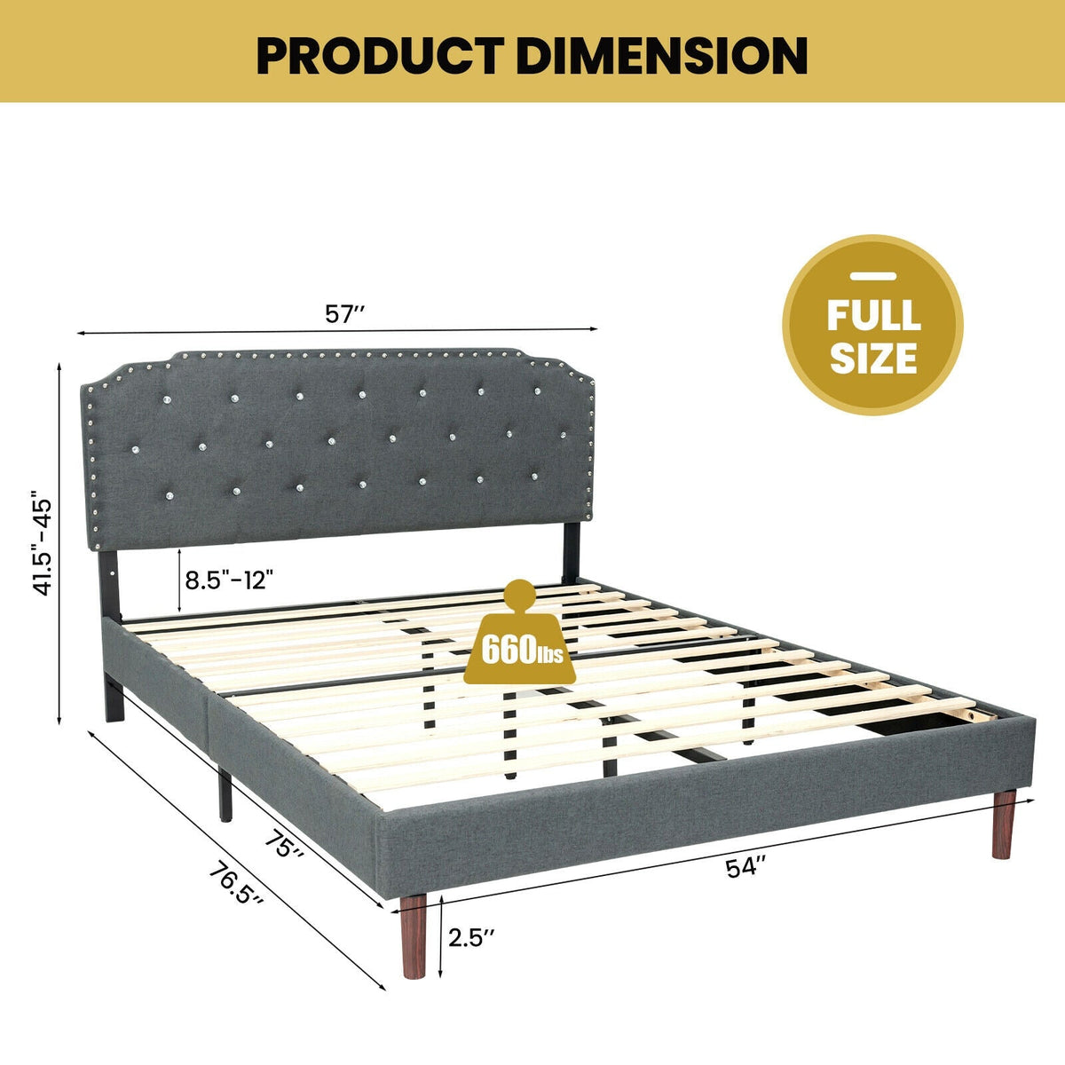 Upholstered Bed Frame with Adjustable Diamond Button Headboard