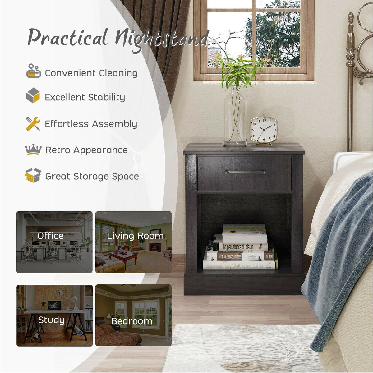 Compact Nightstand with Drawer and Shelf