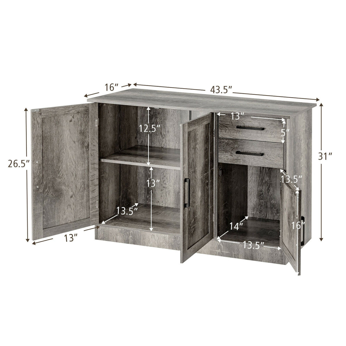 Buffet Storage Cabinet Kitchen Sideboard with 2 Drawers-Gray