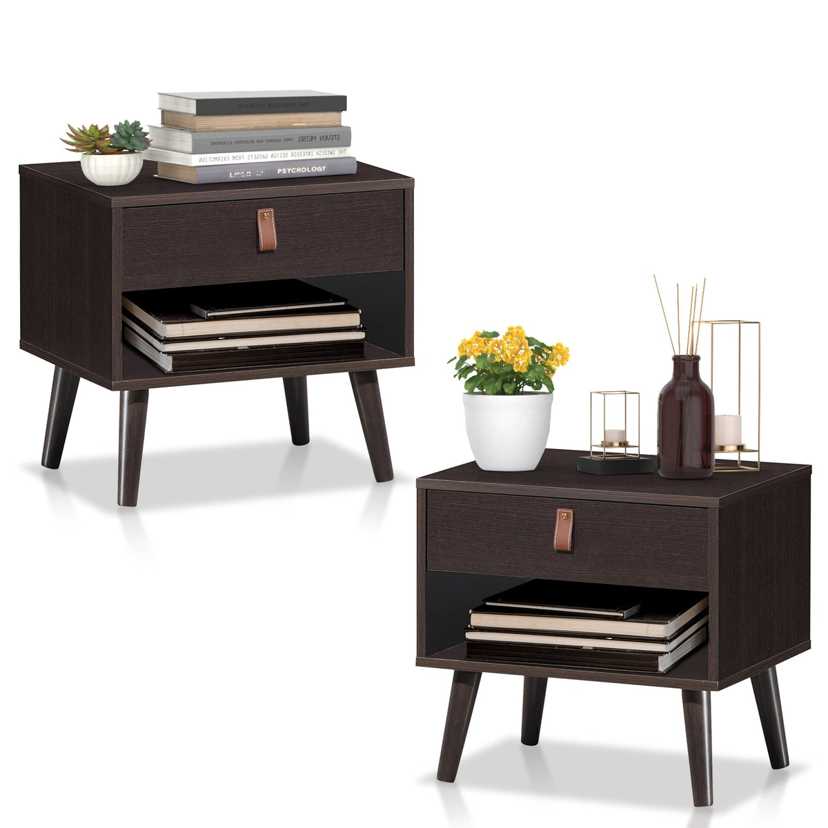 Nightstand Bedroom Table with Drawer Storage Shelf-Brown