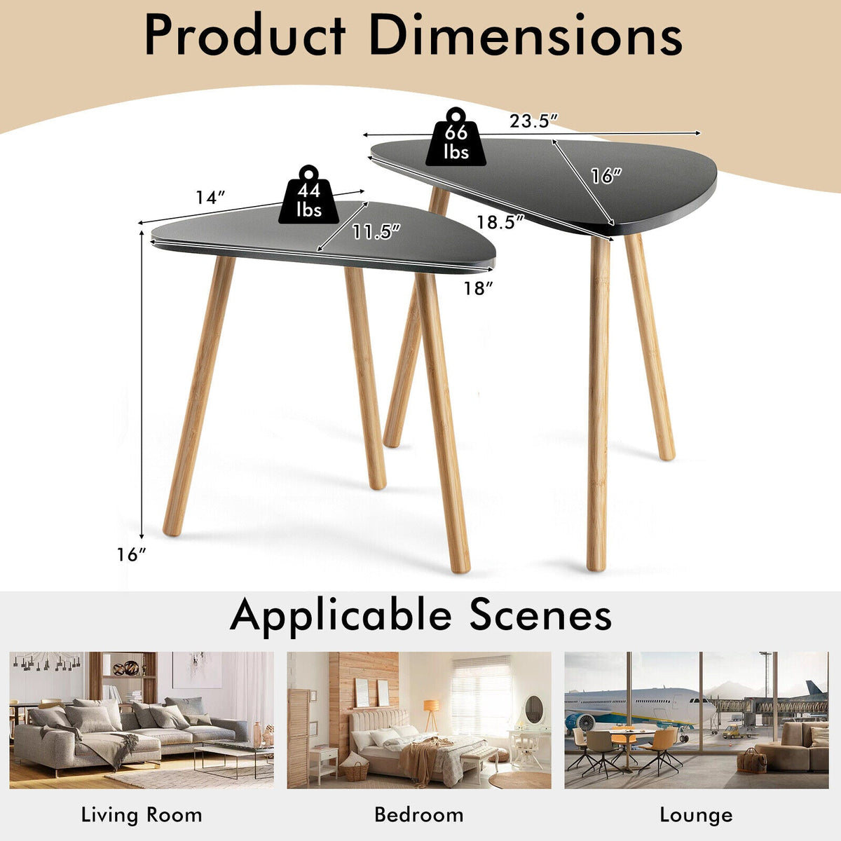 Set of 2 Modern Nesting Coffee Tables Triangular Tabletop Bamboo Legs