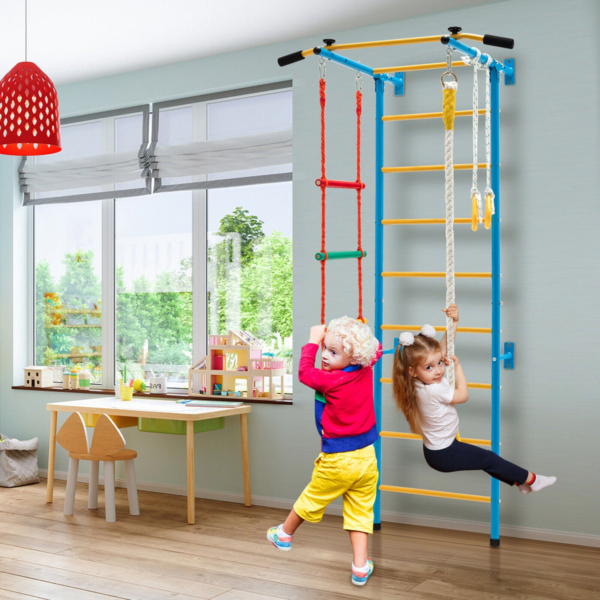 7 In 1 Kids Indoor Gym Playground Swedish Wall Ladder for Solid Wall-Yellow