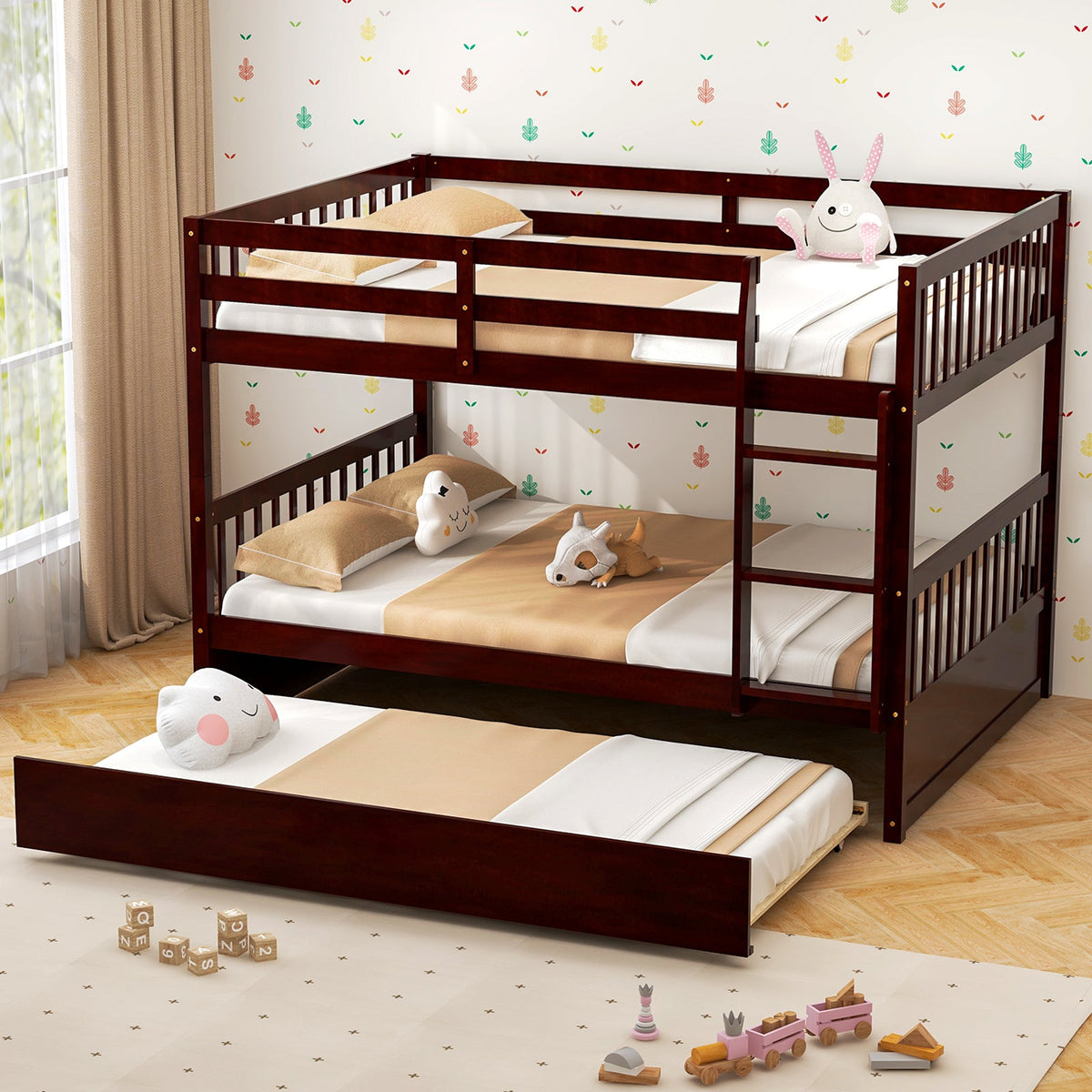 Full over Full Bunk Bed Platform Wood Bed with Ladder