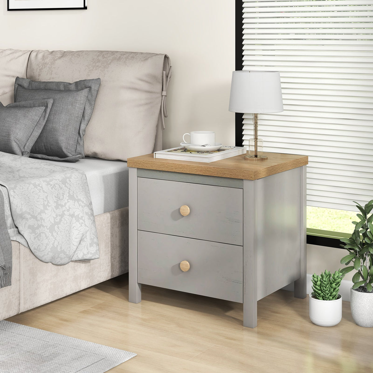 2-Drawer Nightstand with Rubber Wood Legs