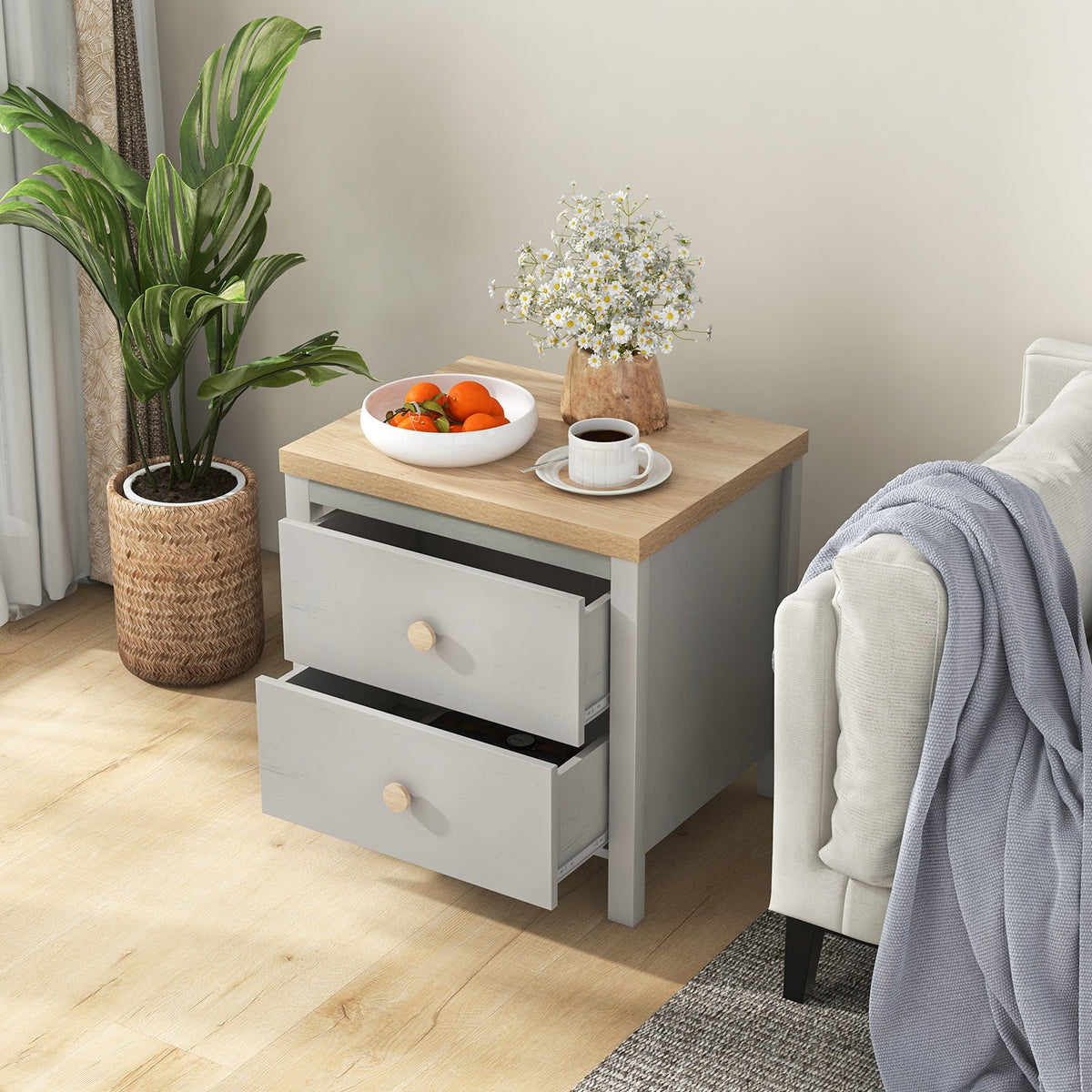 2-Drawer Nightstand with Rubber Wood Legs
