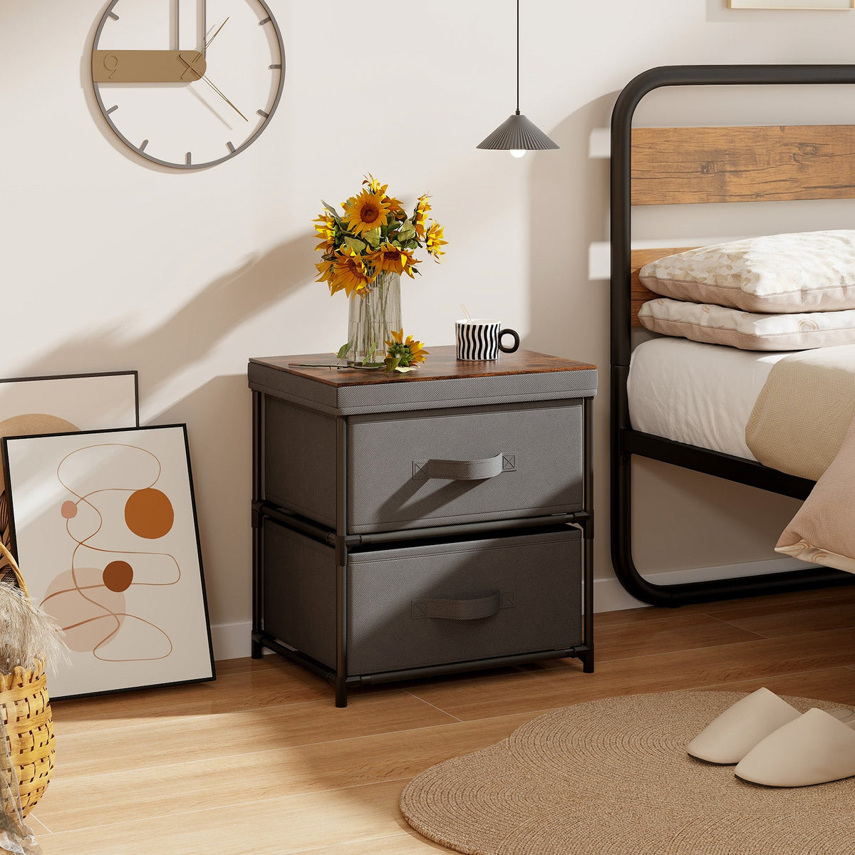 2-Drawer Nightstand with Removable Fabric Bins and Pull Handles