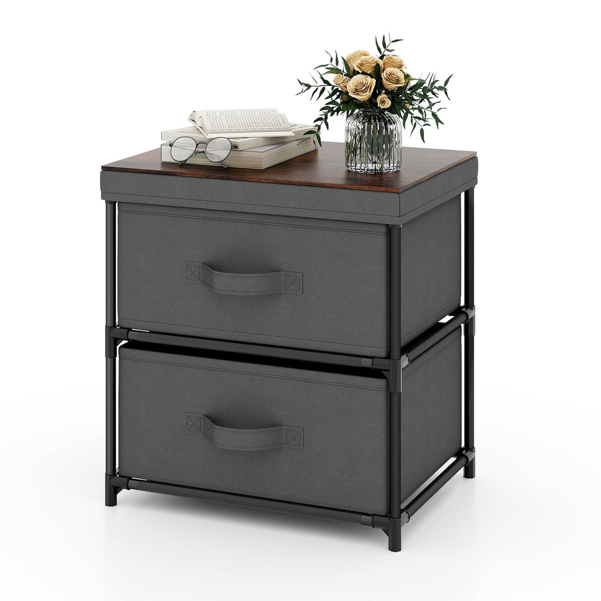 2-Drawer Nightstand with Removable Fabric Bins and Pull Handles