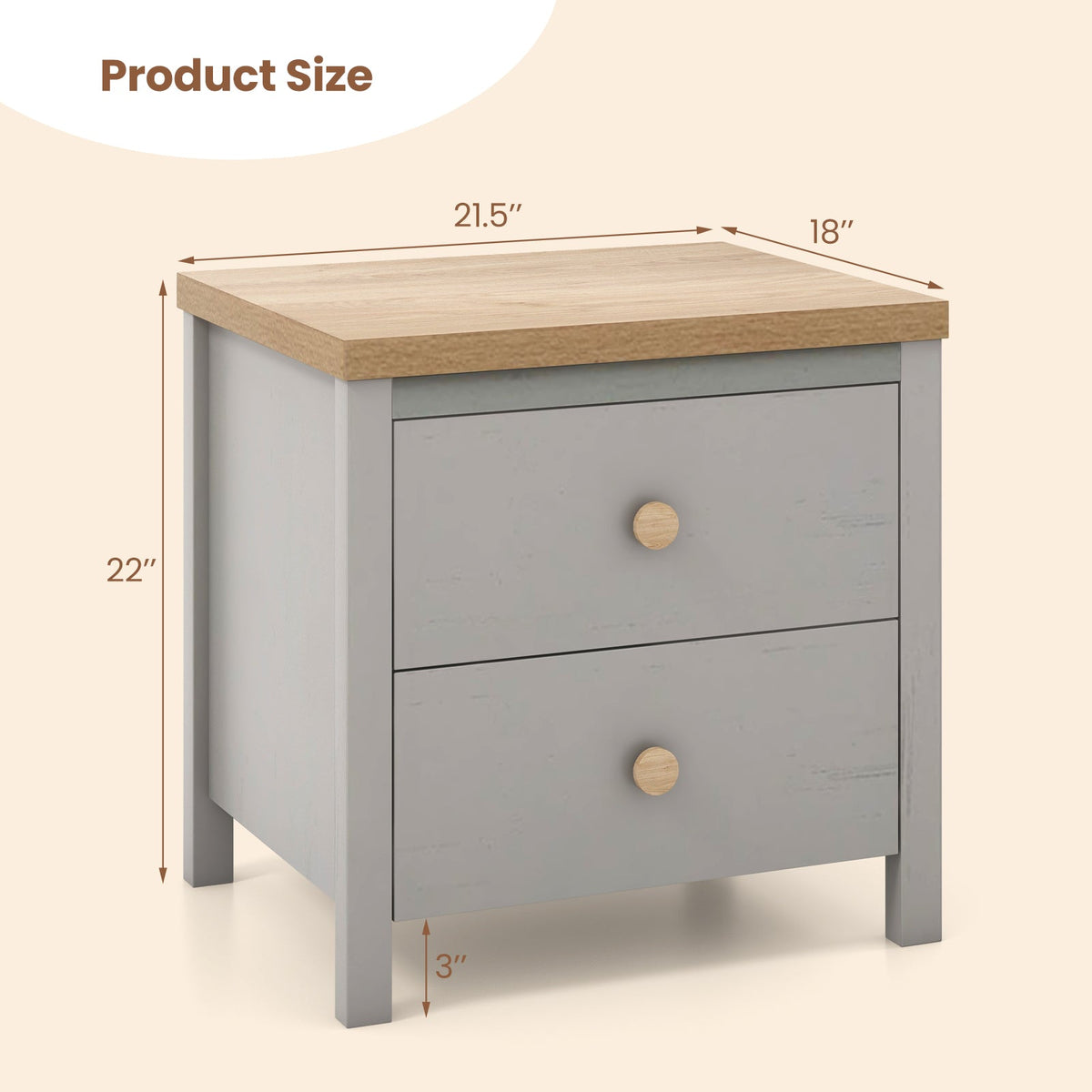 2-Drawer Nightstand with Rubber Wood Legs
