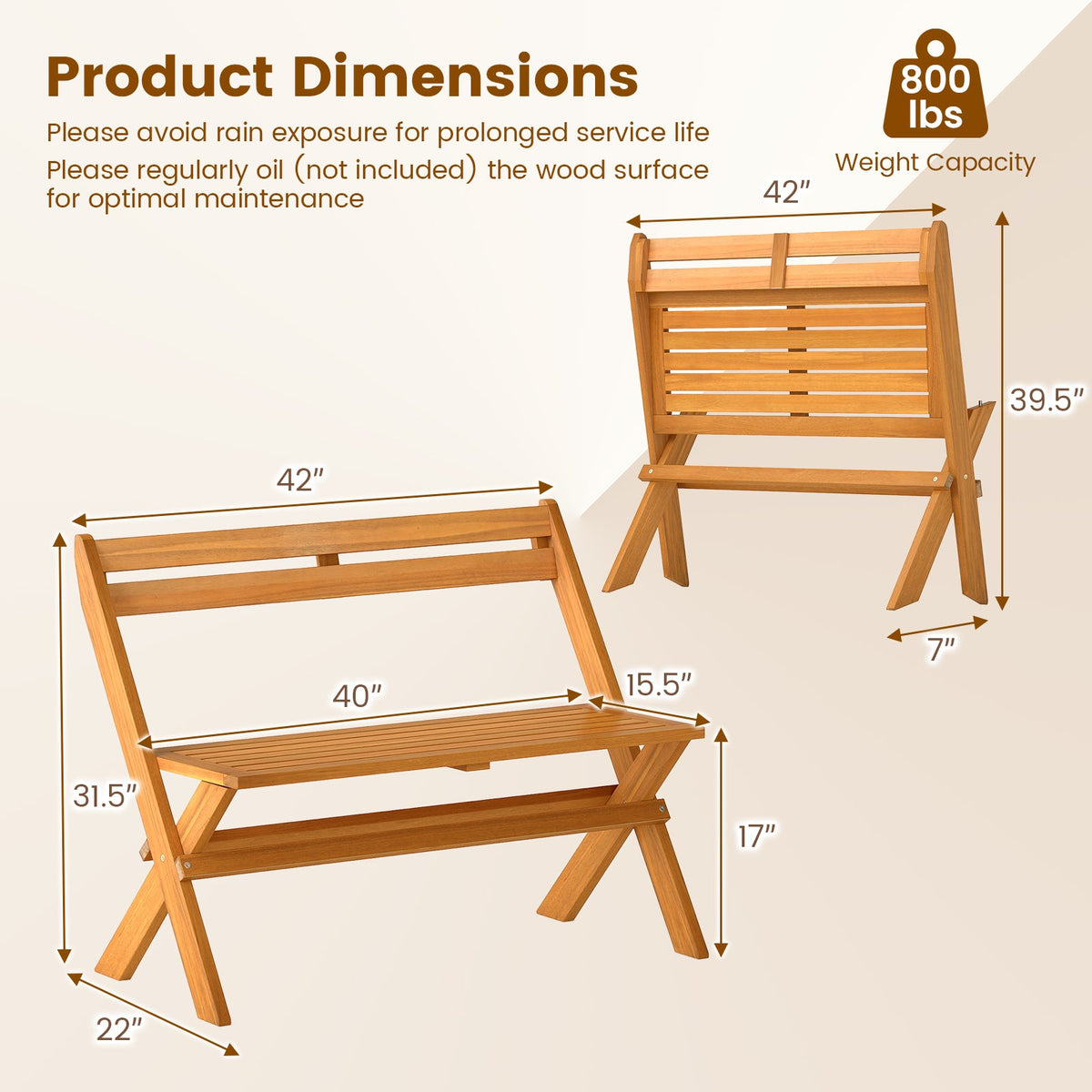 2-Person Acacia Wood Patio Garden Bench with 800 lbs Capacity