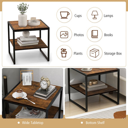 2 Pieces Industrial 2-Tier Side Table Set with Open Shelf-Rustic Brown