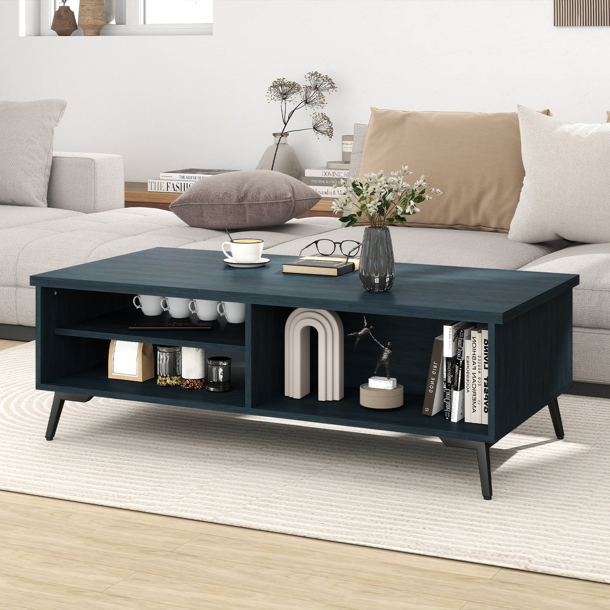 2-Tier Mid Century Modern Coffee Table with Storage Shelves Compartments