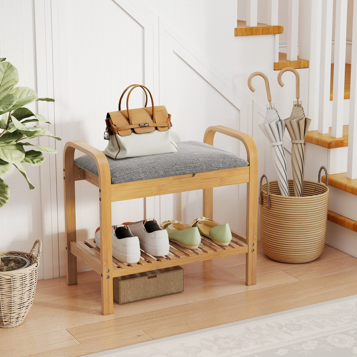 2-Tier Shoe Rack Bench with Flip-Top Storage-Natural
