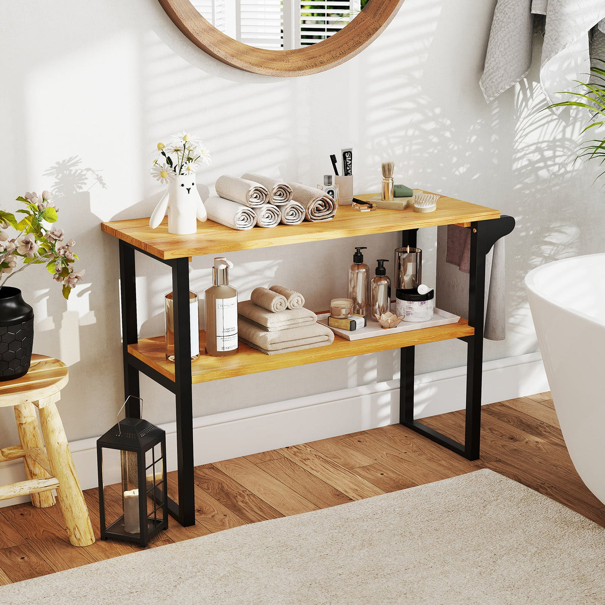 2-Tier Solid Teak Wood Bathroom Shelf with Towel Rack