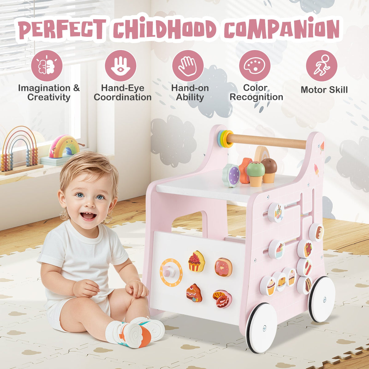 2-in-1 Baby Walker with Storage and Ice Creams for 1+ Years Old-Pink