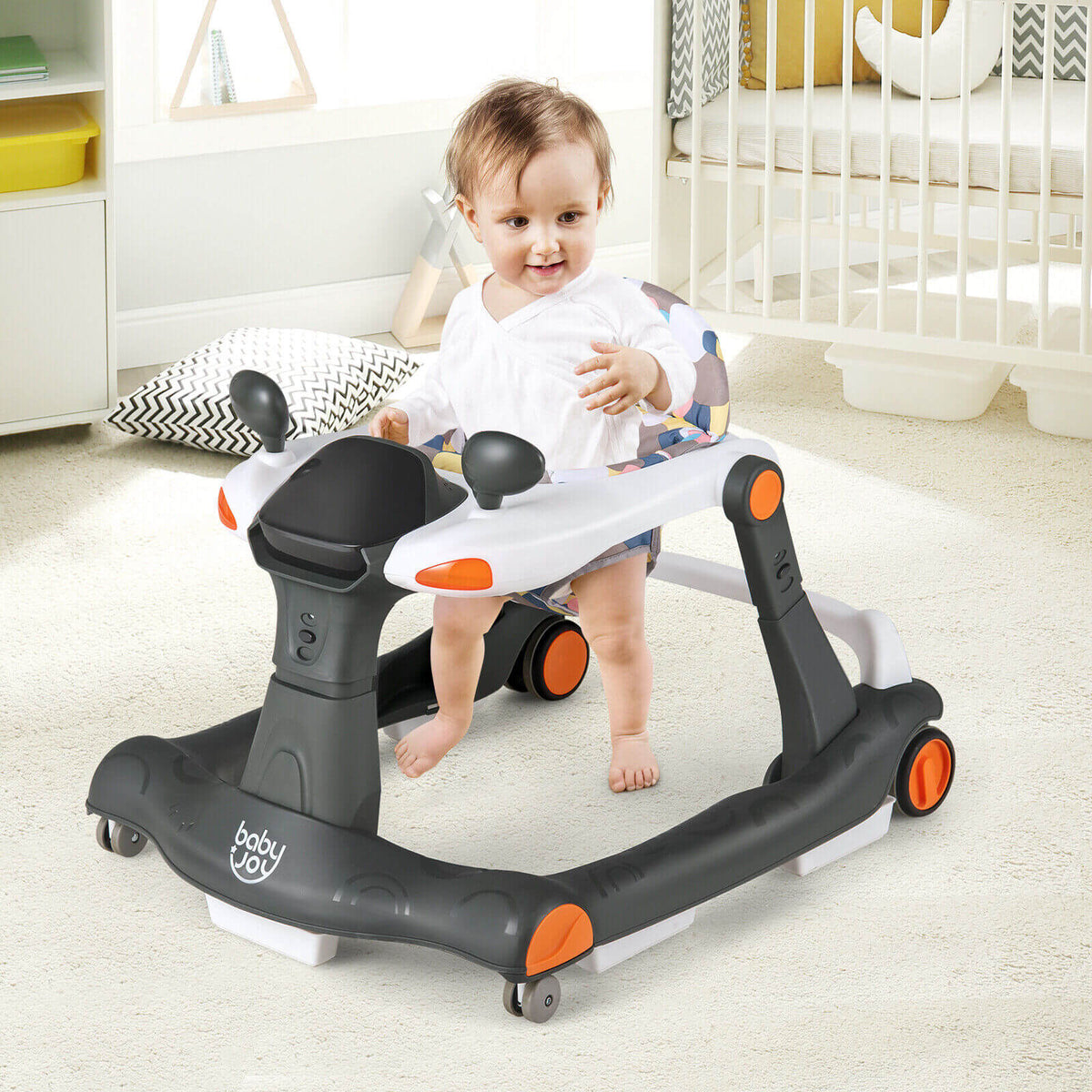 2-in-1 Foldable Activity Push Walker with Adjustable Height-Dark Gray
