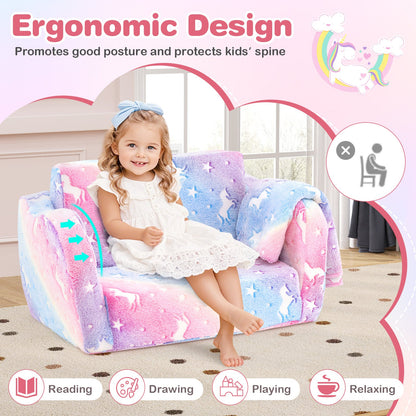 2-in-1 Folding Kids Couch with Blanket Glow in the Dark-Multicolor