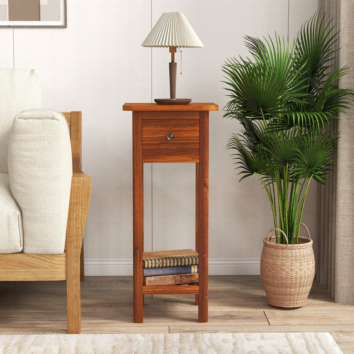 2 Tier Slim Nightstand Bedside Table with Drawer Shelf