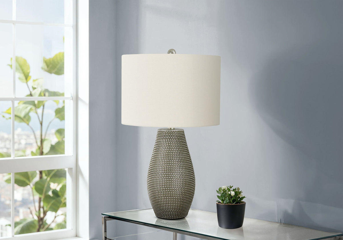Contemporary Gray Resin Table Lamp with Ivory Drum Shade