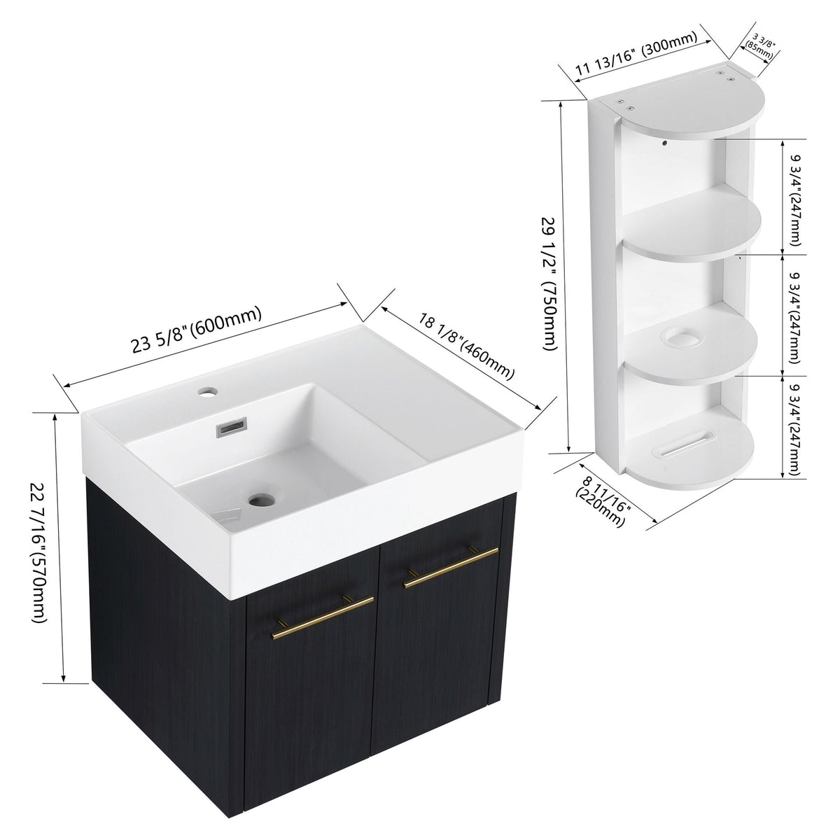 Modern Wall Mounted Bathroom Vanity with Resin Sink - Black