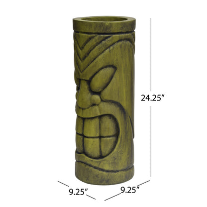 Stone Statue Urn Planter with Tiki Face Design - Antique Green