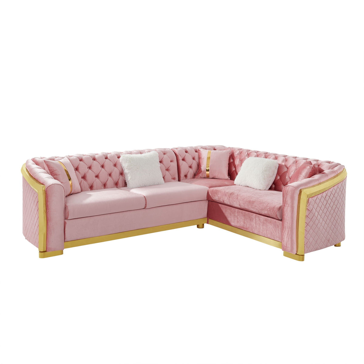 L Shaped Chesterfield Sectional Sofa with Stainless Steel Accents - Pink, Black, Beige