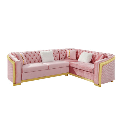 L Shaped Chesterfield Sectional Sofa with Stainless Steel Accents - Pink, Black, Beige