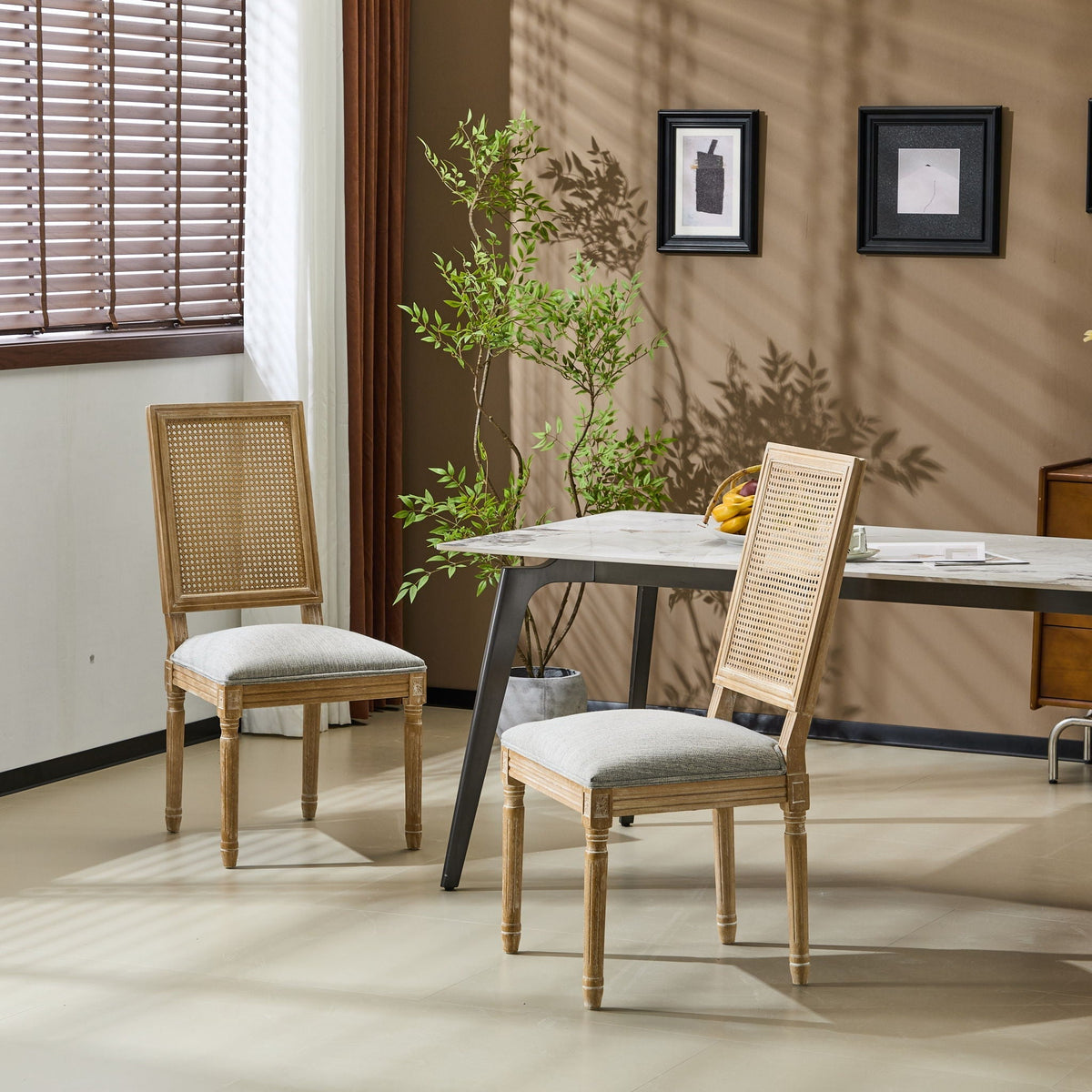 French Country Dining Chair with Rectangular Cane Backrest and Upholstered Seat