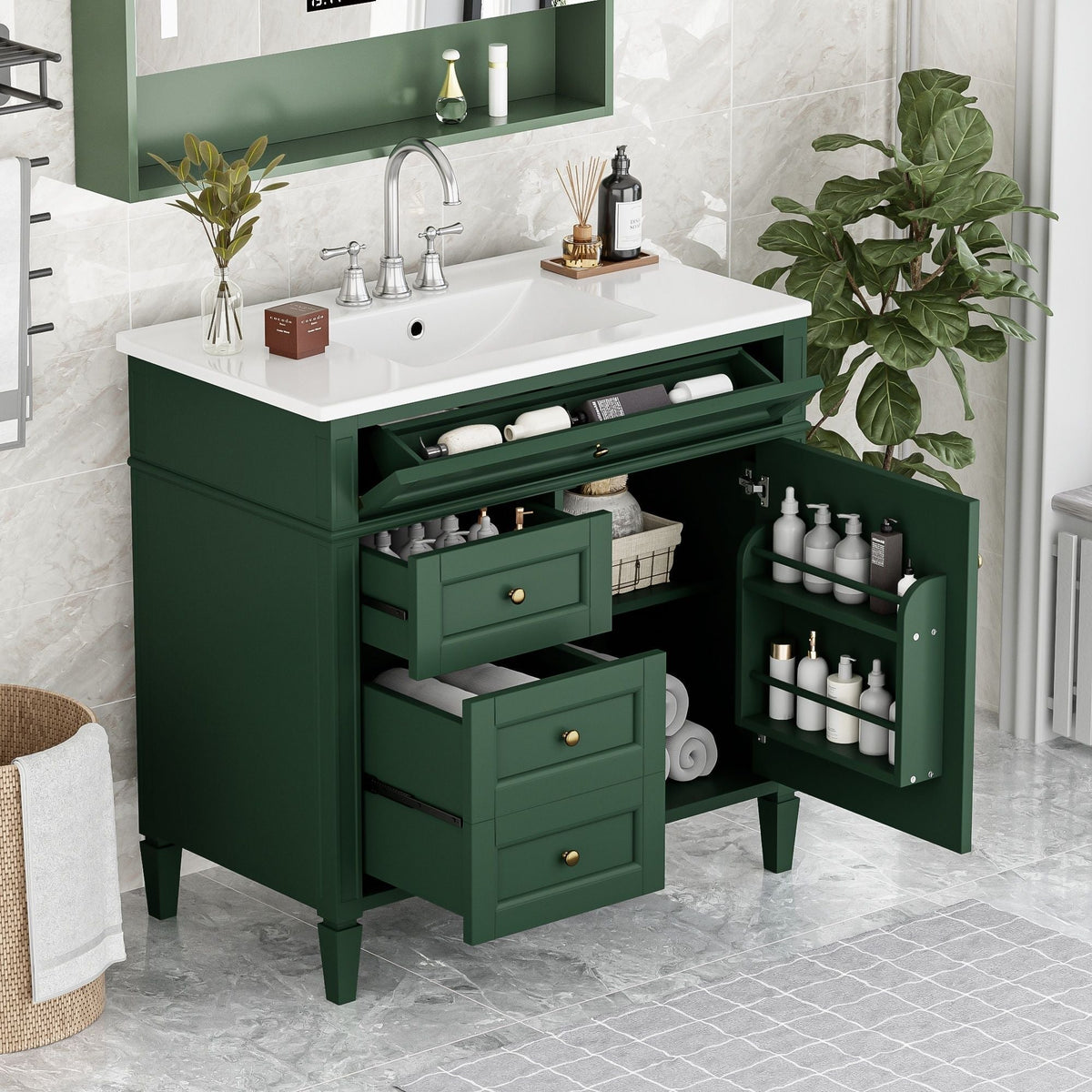 36" Bathroom Vanity with Ceramic Sink and Storage Drawers - Multiple Colors