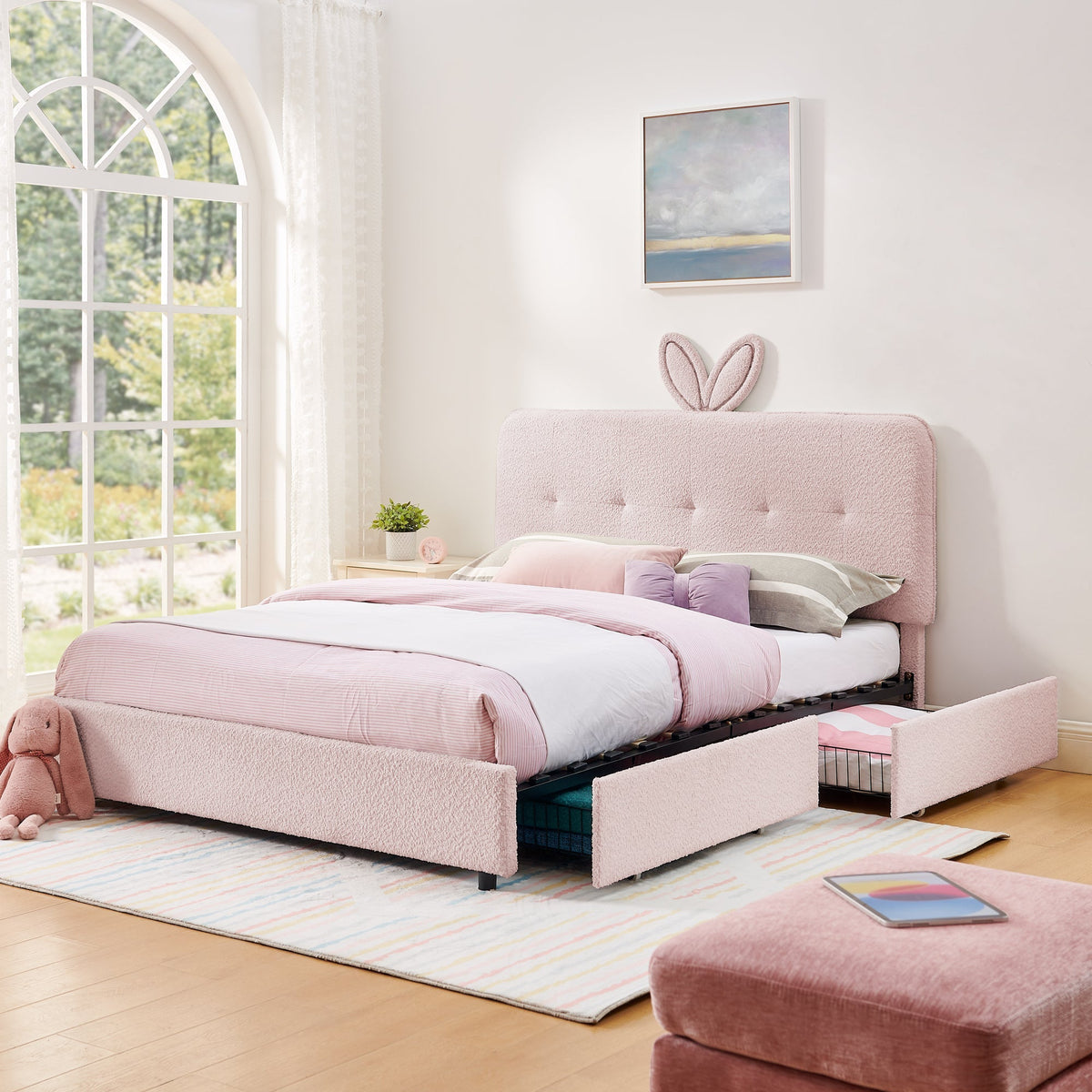 Queen Size Kids Upholstered Bed with Rabbit Ear Headboard & Storage - Boucle