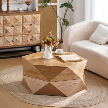 Retro Style Polygon Flip Top Coffee Table with Hidden Storage - Natural