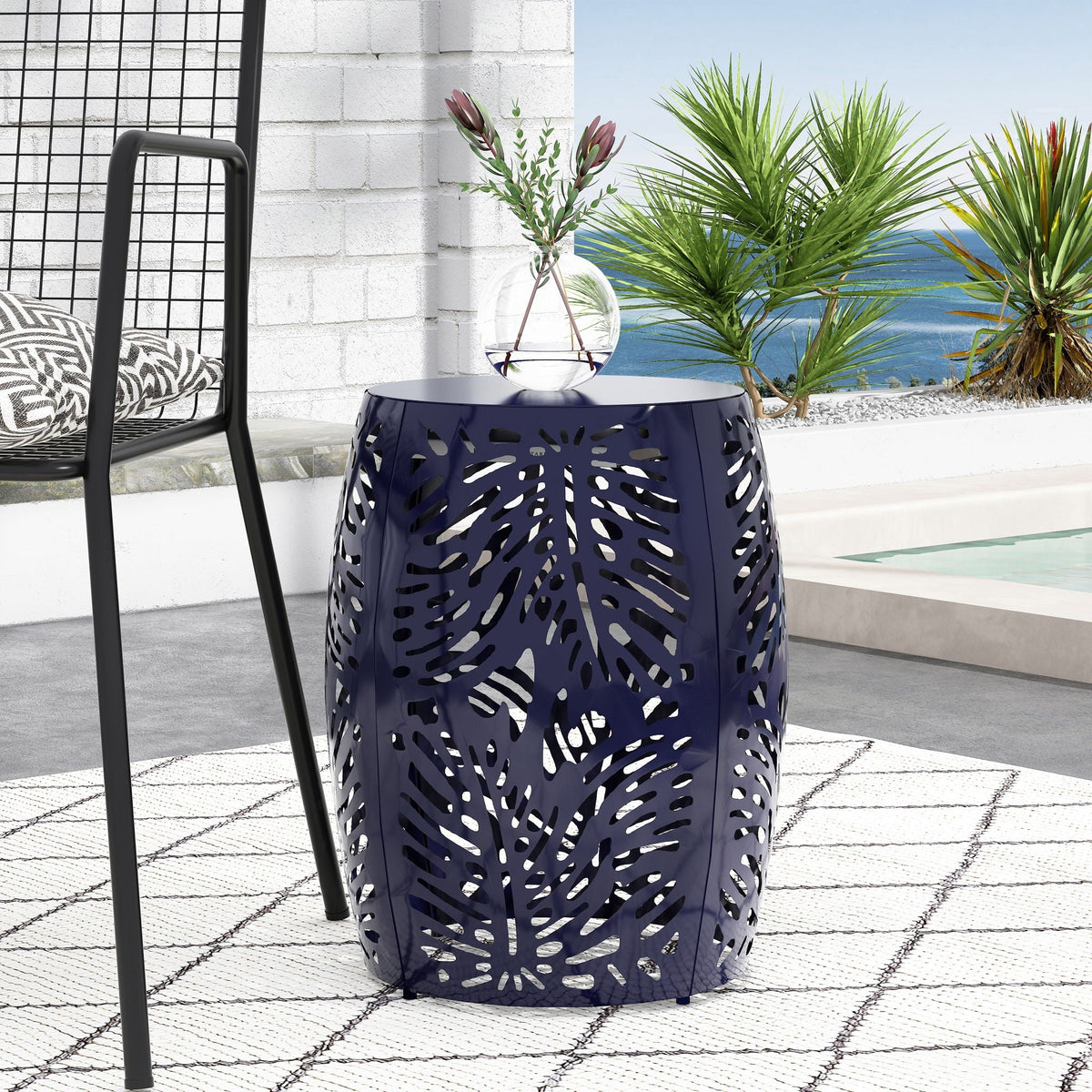 Modern Design Metal End Table with Palm Leaf Cut-Out - White, Black, Blue